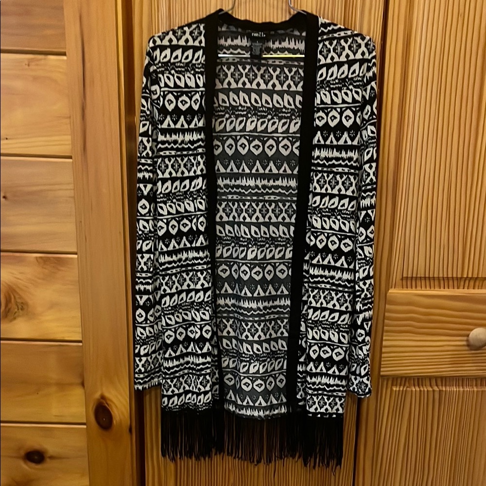 Chico's Black and White Fringe Cardigan